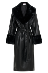 Rebekah Oversized Pu Trench Coat With Fur Trim - Black