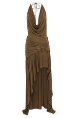 Serenity Ruched Slinky Maxi Dress - Chocolate