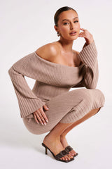 Stefania Off Shoulder Knit Dress - Taupe