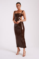 Adoria Sequin Cut Out Maxi Dress - Chocolate