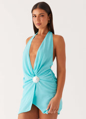 Eleanora Plunge Mini Dress - Turquoise
