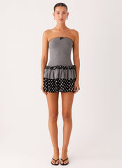 Yerin Strapless Frill Mini Dress - Grey Polkadot